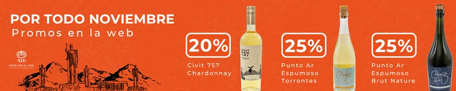 Sobre un fondo naranja, muestra las tres marcas de vinos de Bodega A16 que están en oferta durante noviembre: Civit 757 Chardonnay, Punto Ar Espumoso Torrontés y Punto Ar Espumoso Brut Nature